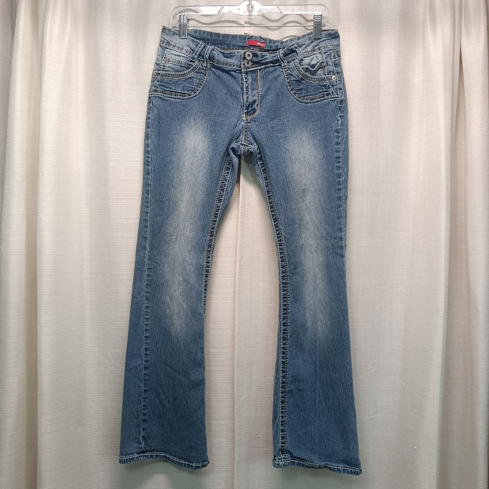 Bongo Women 15 Blue Flare Leg Low Rise Jeans Medium Wash Y2K Double Button Denim